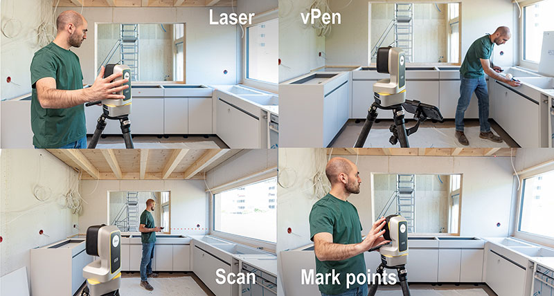 Leica iCON iCS50 con trabajador con una camiseta verde mostrando cuatro aplicaciones distintas: escáner de líneas, medición láser, medición con vPen, y marcado de puntos en una pared.